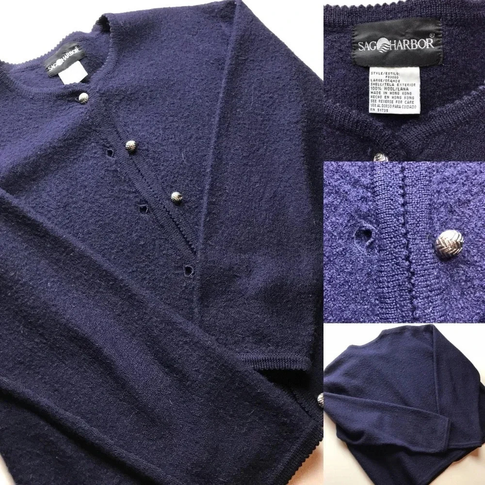 Sag Harbor Women’s Large 100% Wool Cardigan Sweater Gold Button Navy GUC